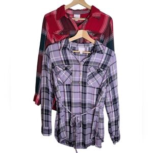 Bundle (2) Isabel Maternity Plaid Shirt Size Medium Purple Red Tie Waist Soft